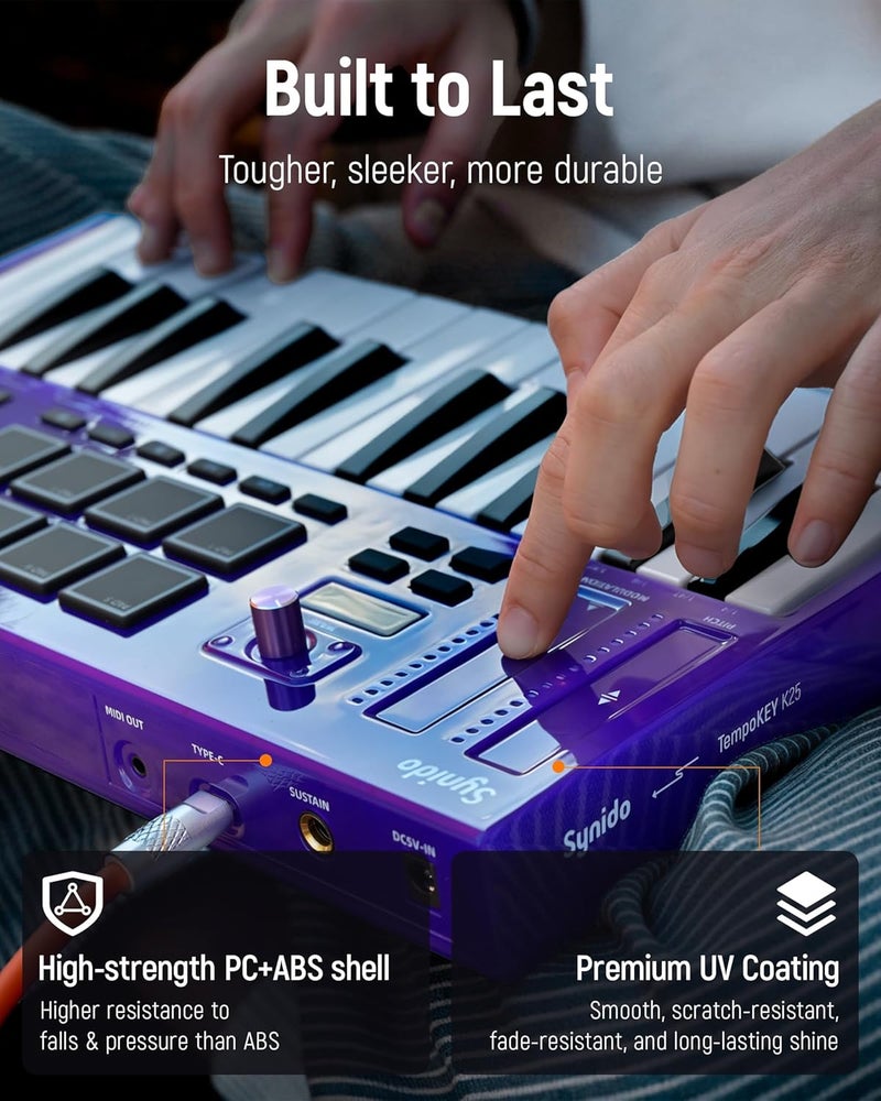 Synido 25 Key USB MIDI Keyboard Controller with Drum Pads, Professional Mini Midi Keyboard with OLED Screen, Beat Maker Machine for Music Production, Purple, TempoKEY K25 - Image 5